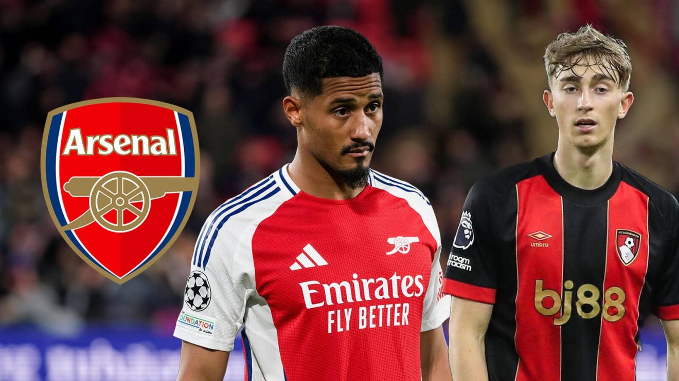 Arsenal defender William Saliba and Bournemouth defender Dean Huijsen next to the Arsenal badge - copyright TEAMtalk
