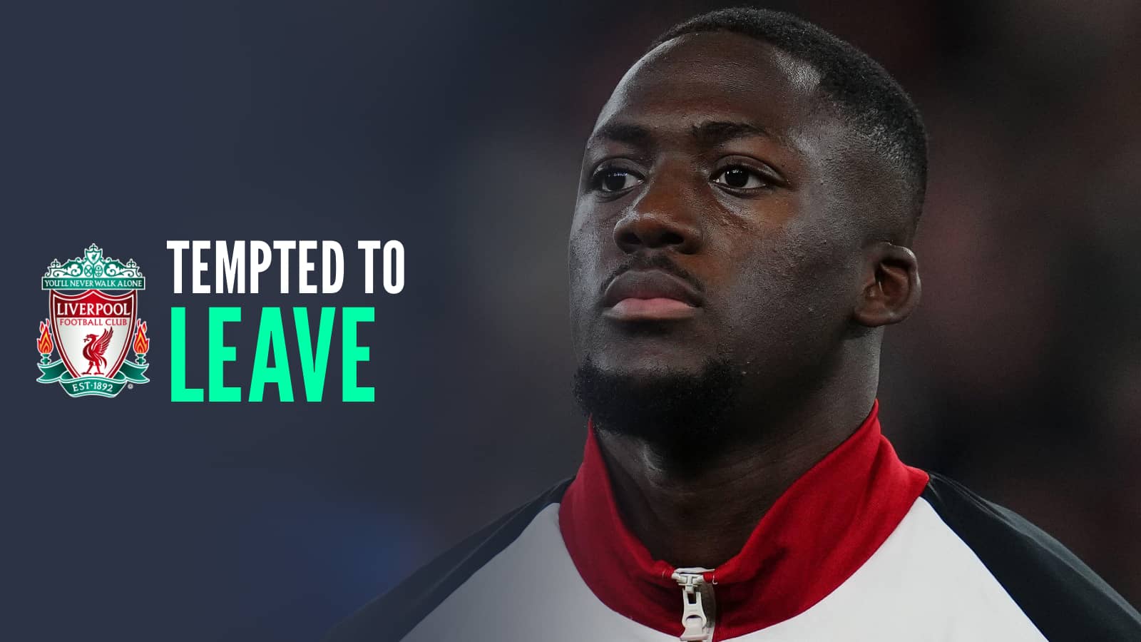 Ibrahima Konate with text reading "tempted to leave" next to the Liverpool badge