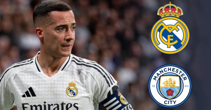 Lucas Vazquez next to the Real Madrid and Manchester City badgex - copyright TEAMtalk