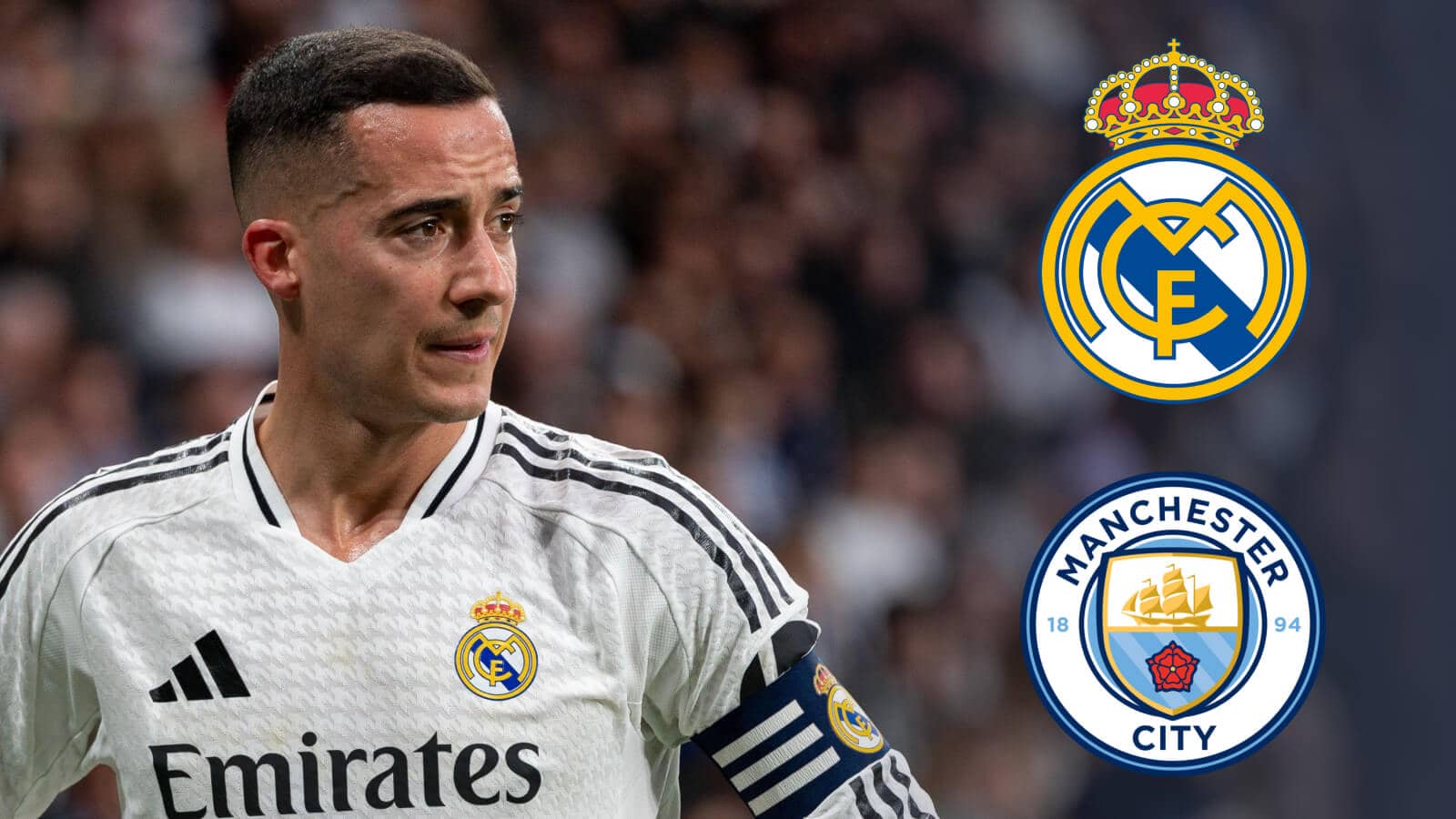 Lucas Vazquez next to the Real Madrid and Manchester City badgex - copyright TEAMtalk
