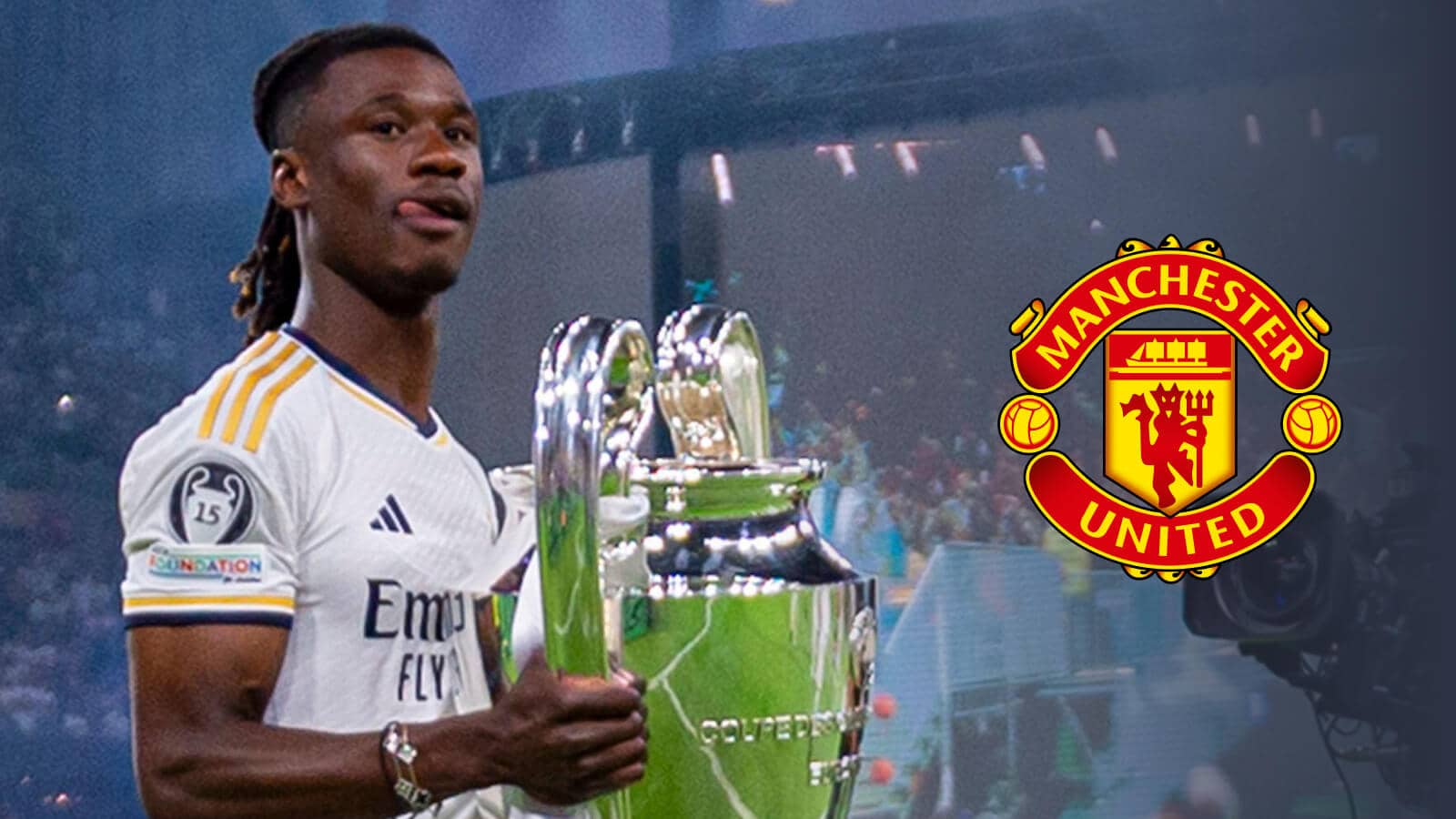 Real Madrid star Eduardo Camavinga holding the Champions League trophy with the Manchester United badge next to him - copyright TEAMtalk