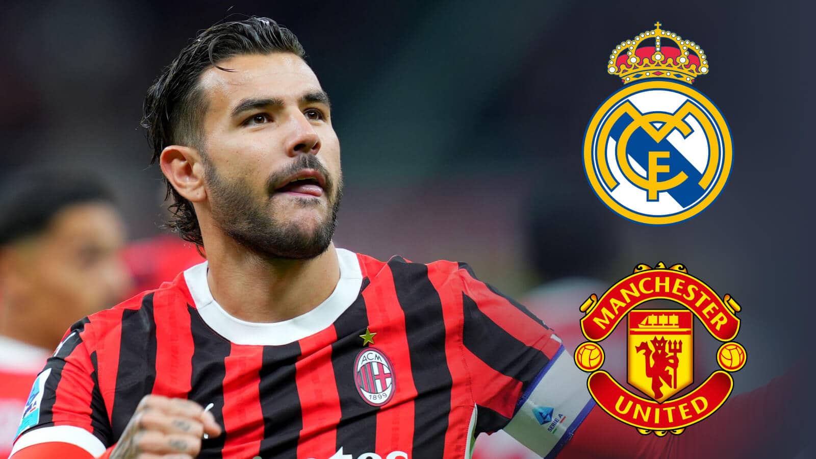 AC Milan left-back Theo Hernandez next to the Real Madrid and Manchester United badgex - copyright TEAMtalk