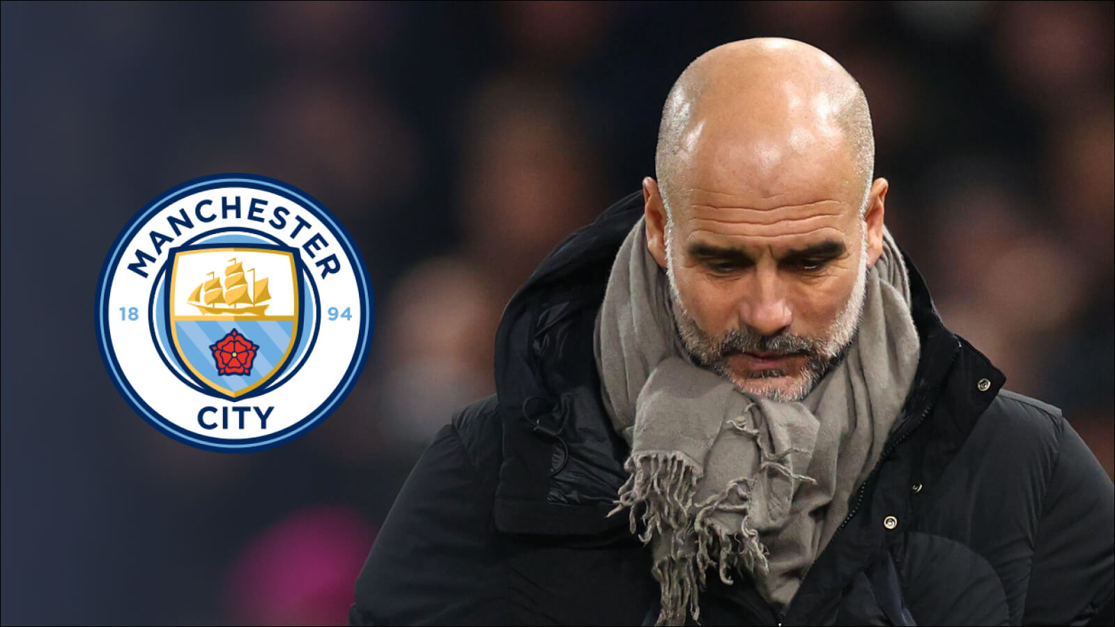 A downbeat Pep Guardiola next to the Manchester City club crest