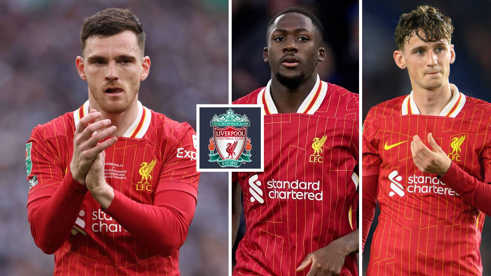 Andy Robertson, Ibrahima Konate and Tyler Morton with the Liverpool badge