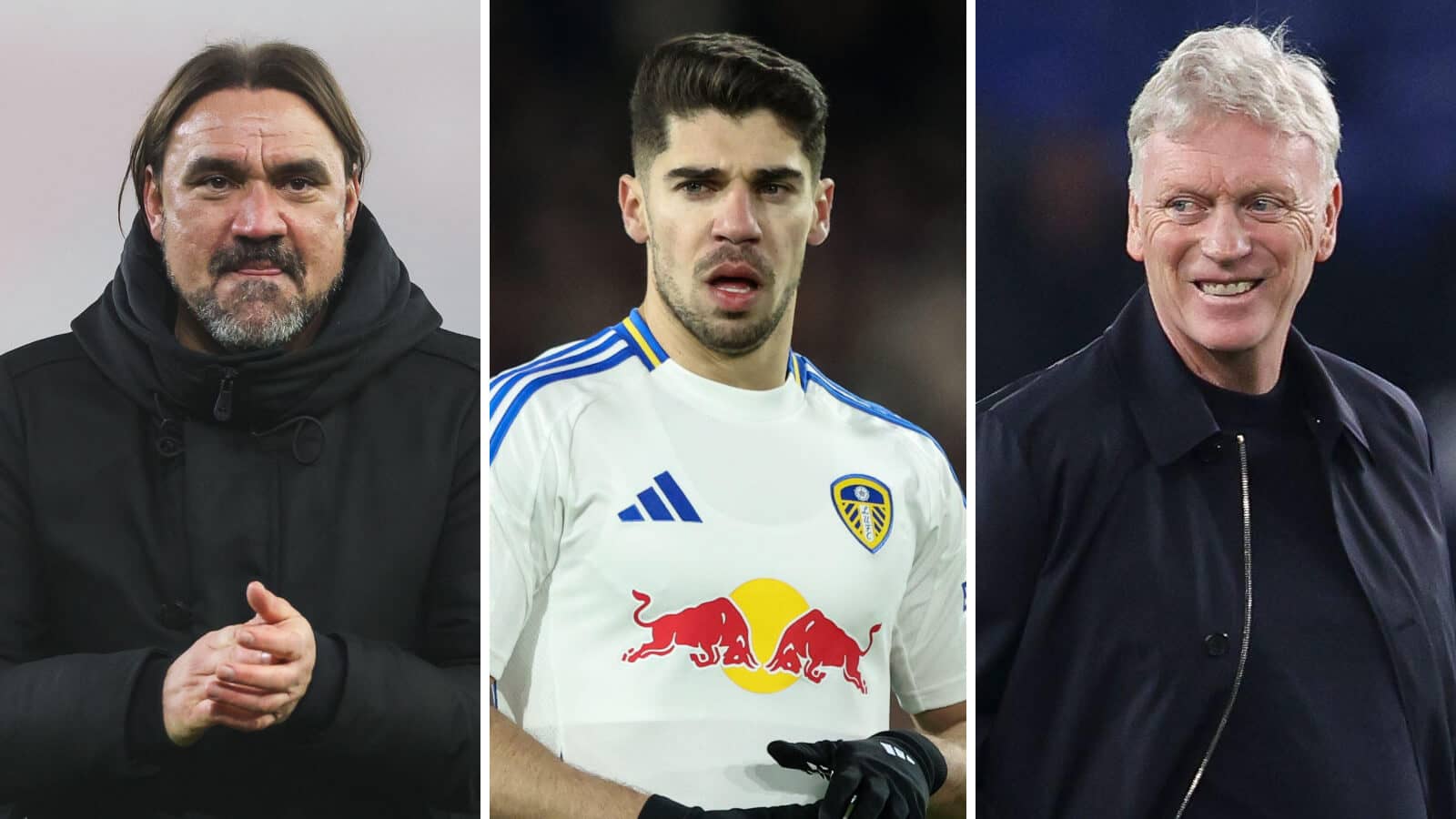 Daniel Farke, Leeds loanee Manor Solomon and Everton boss David Moyes