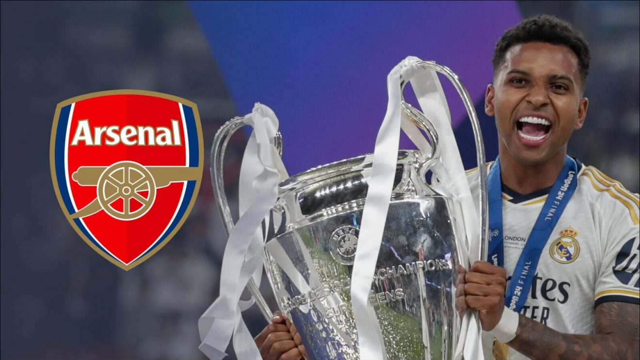 Real Madrid forward Rodrygo nexxt to the Arsenal badge - copyright TEAMtalk