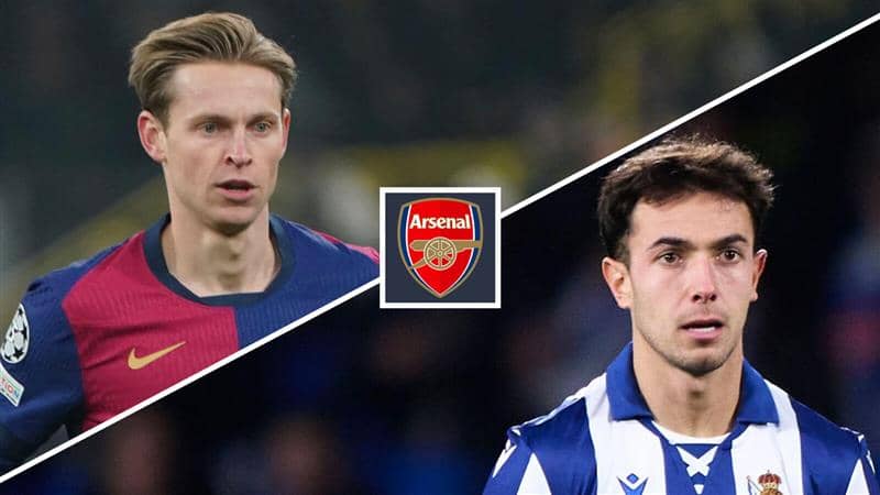 Split image of Frenkie de Jong and Martín Zubimendi with the Arsenal badge netween them - copyright TEAMtalk