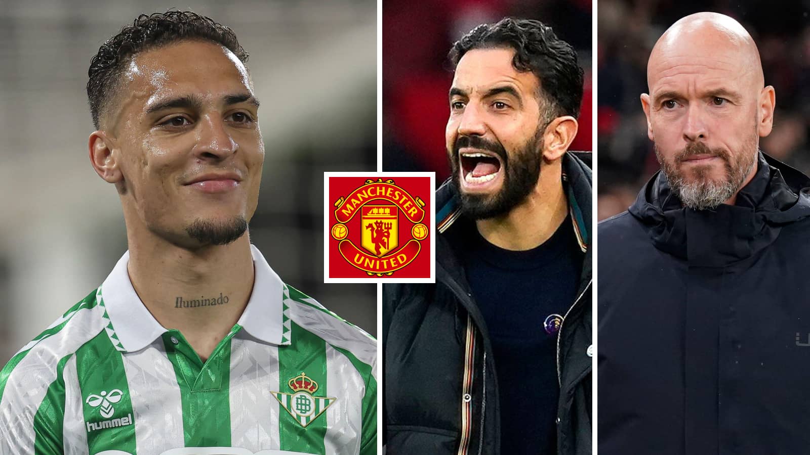 Antony, Ruben Amorim and Erik ten Hag in a collage with the Manchester United badge