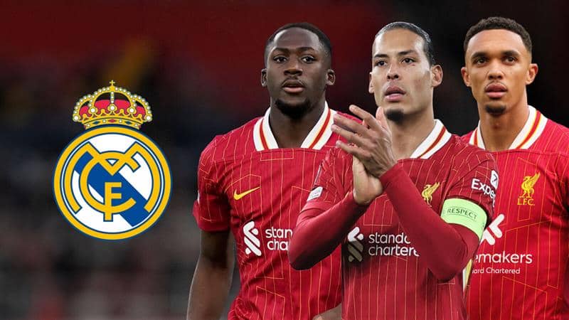 Liverpool trio Ibrahima Konate, VIrgil van Dijk and Trent Alexander-Arnold next to the Real Madrid badge - copyright TEAMtalk