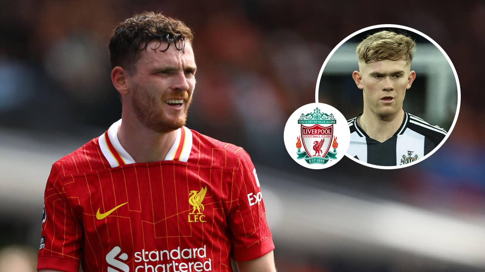 Liverpool star Andy Robertson and, inset, Newcastle United's Lewis Hall