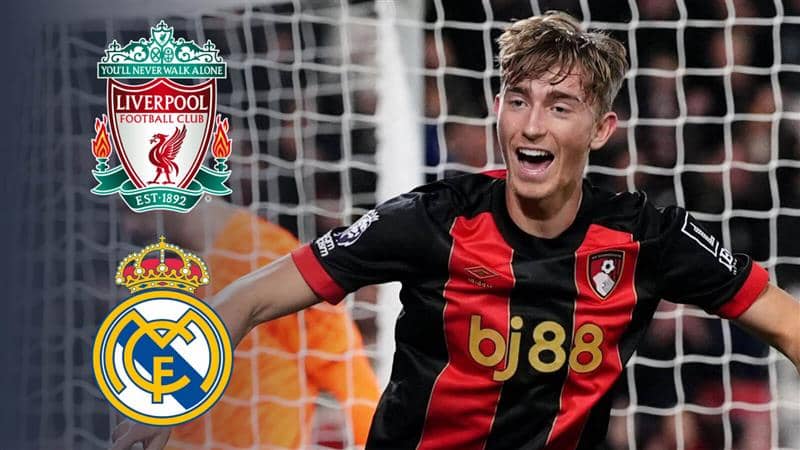 Bournemouth defender Dean Huijsen next to the Liverpool and Real Madrid badges - copyright TEAMtalk