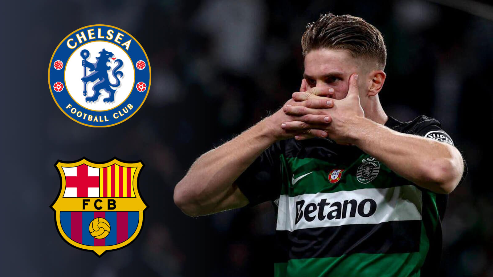 Viktor Gyokeres with Chelsea and Barcelona badges