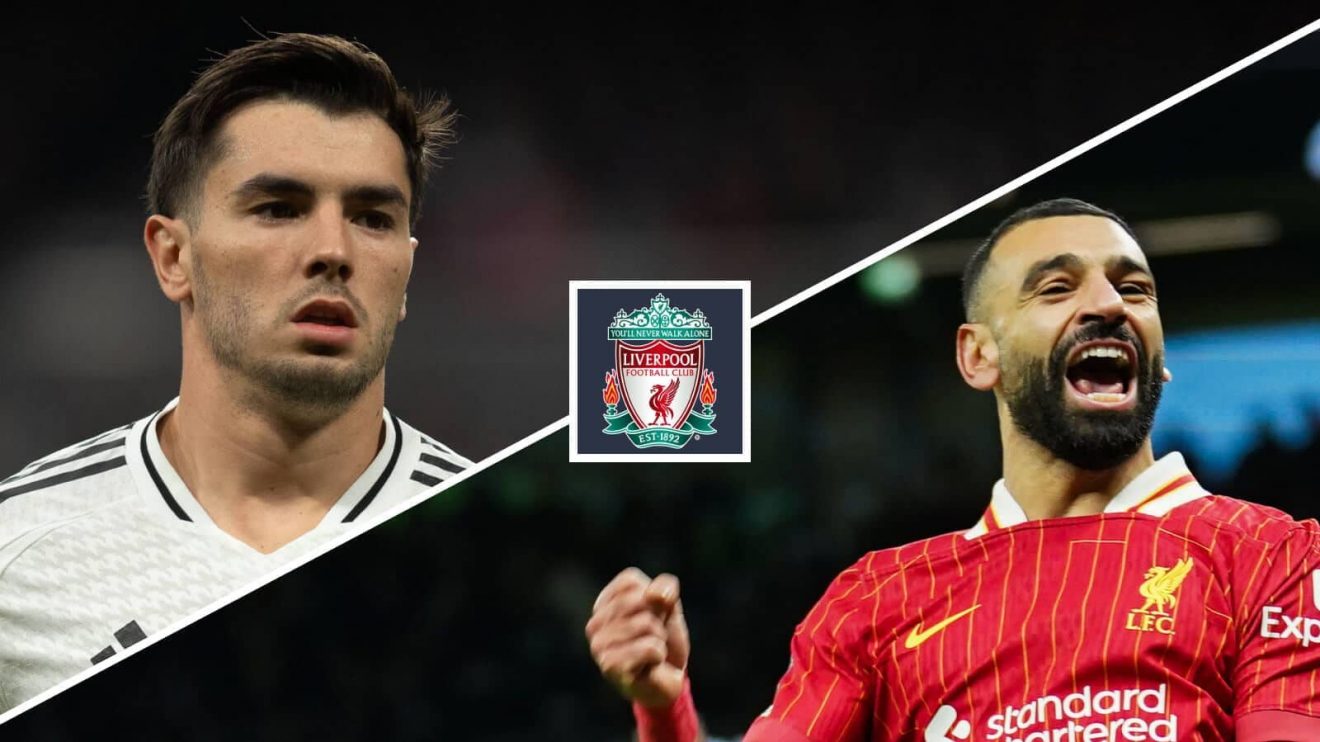 Split image of Real Madrid winger Brahim Diaz and Liverpool forward Mohamed Salah with the Liverpool badge in-between - copyright TEAMtalk
