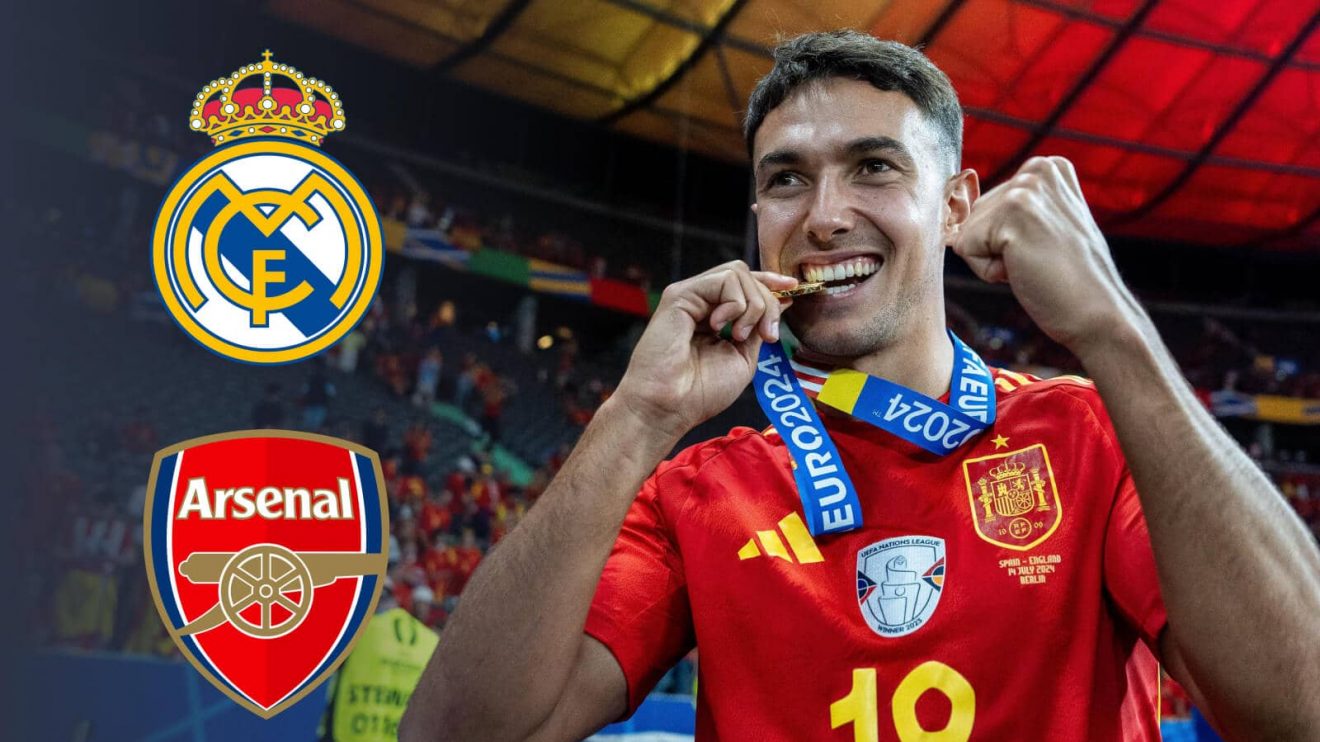 Martin Zubimendi next to the Real Madrid and Arsenal badges - copyright TEAMtalk