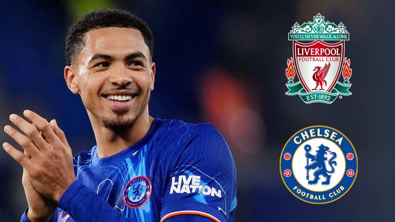 Levi Colwill next to the Liverpool and Chelsea badges - copyright TEAMtalk
