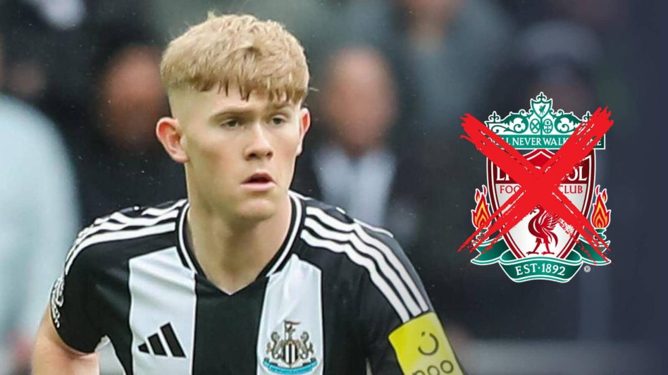Newcastle United star Lewis Hall next to the crossed-out Liverpool badge - copyright TEAMtalk