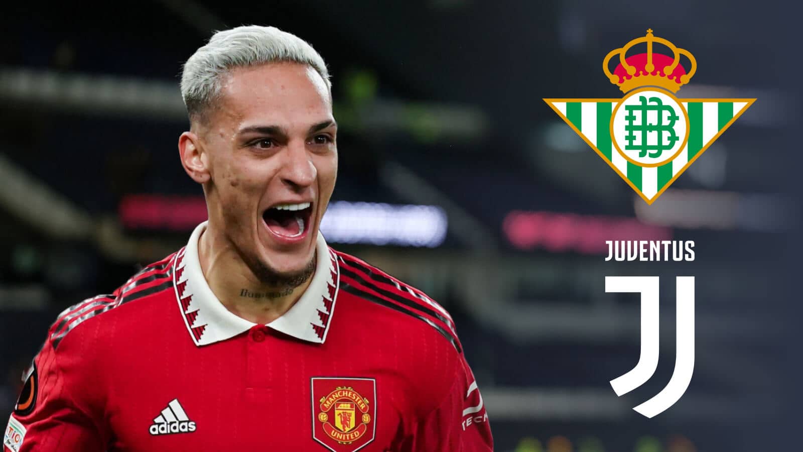 Manchester United-owned Real Betis winger Antony next to the Real Betis and Juventus badges - copyright TEAMtalk