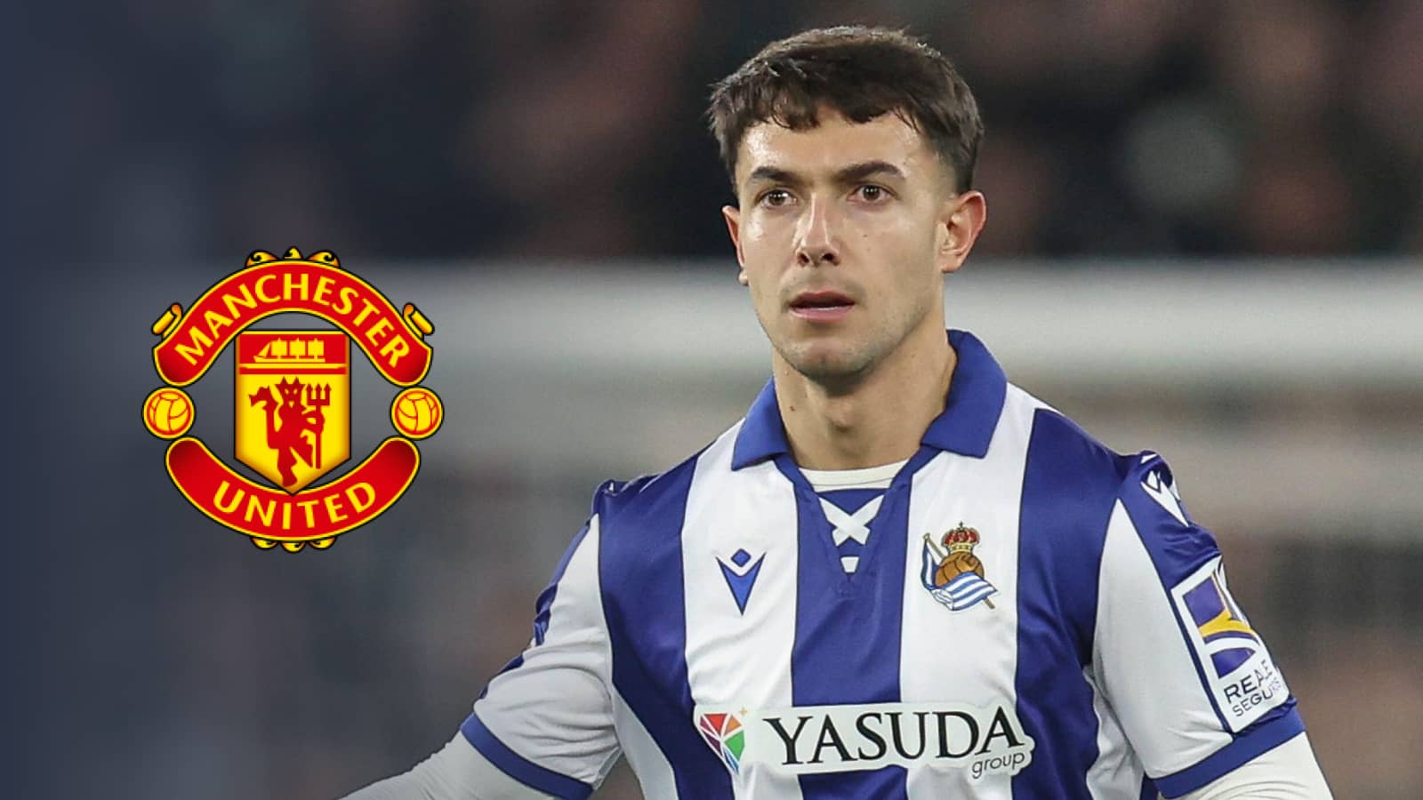 Martin Zubimendi and the Manchester United badge