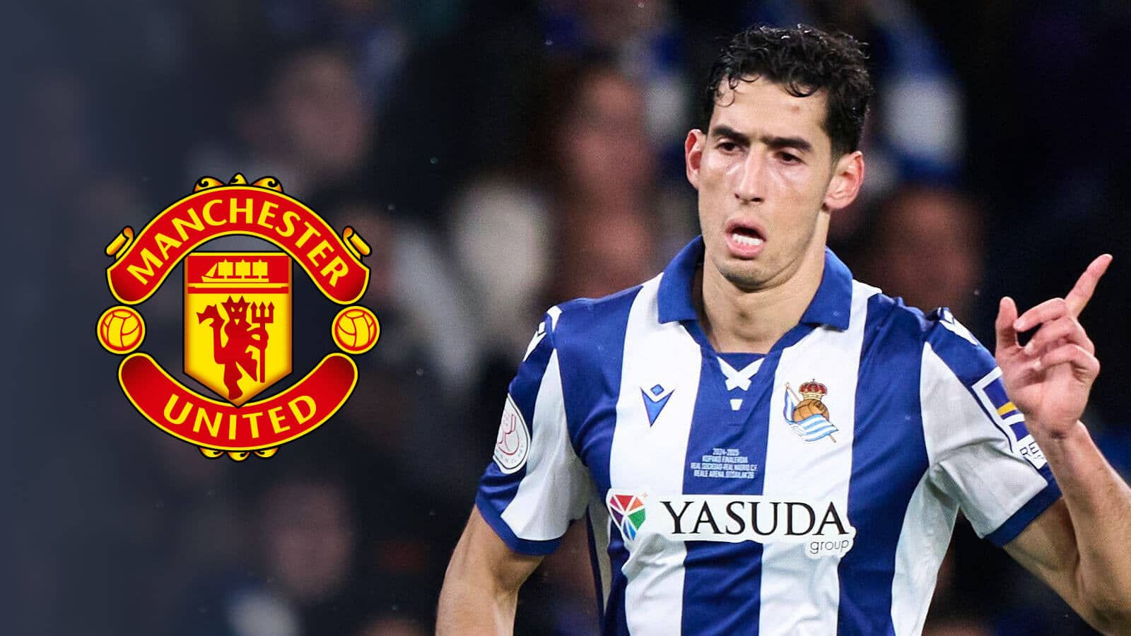 Nayef Aguerd next to the Manchester United badge - copyright TEAMtalk