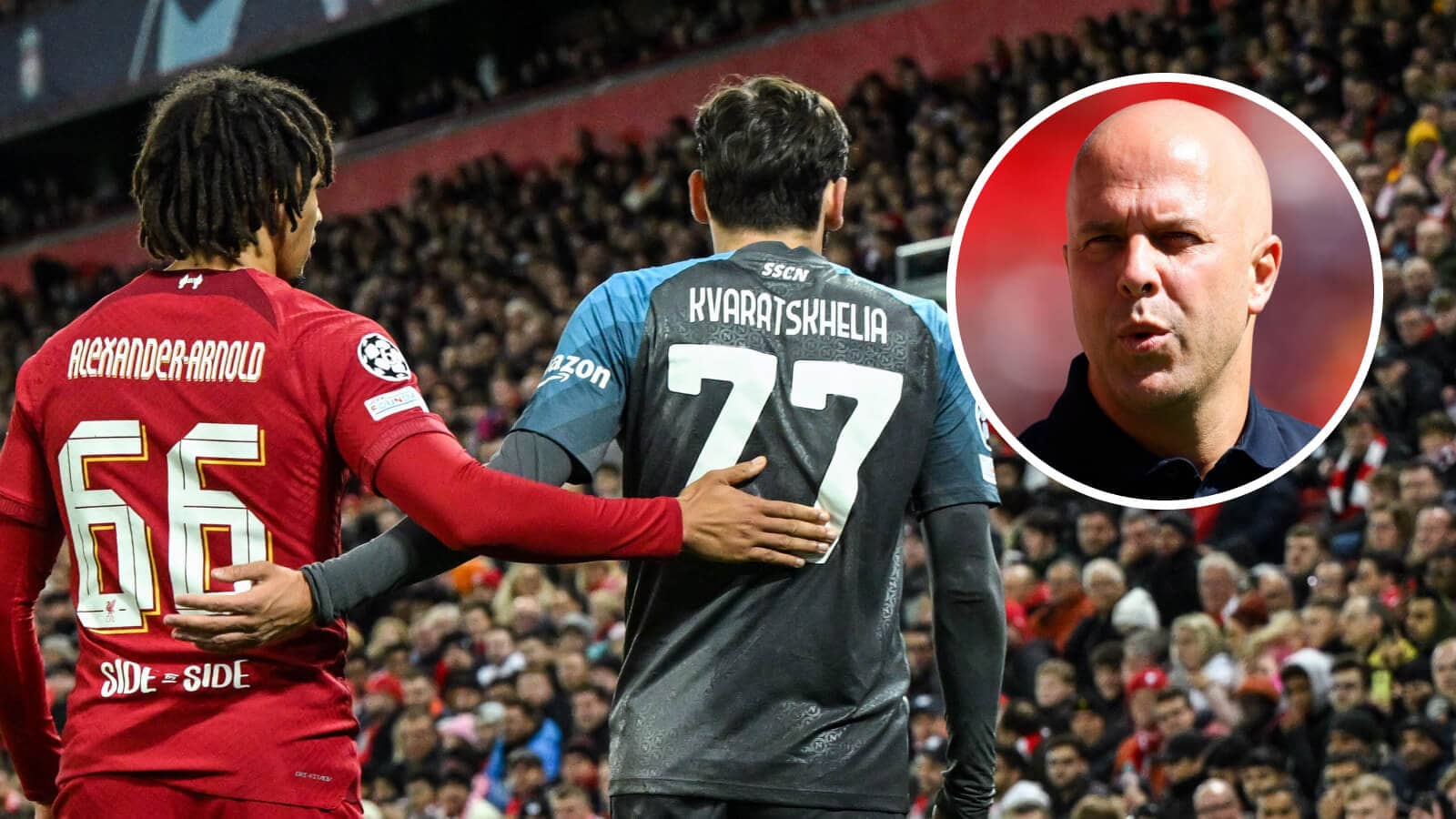 Trent Alexander-Arnold and Khvicha Kvaratskhelia renewed battles on Wednesday night. Inset is Liverpool manager Arne Slot