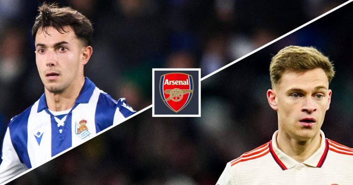 Split image of Martin Zubimendi and Joshua Kimmich with the Arsenal badge between them - copyright TEAMtalk