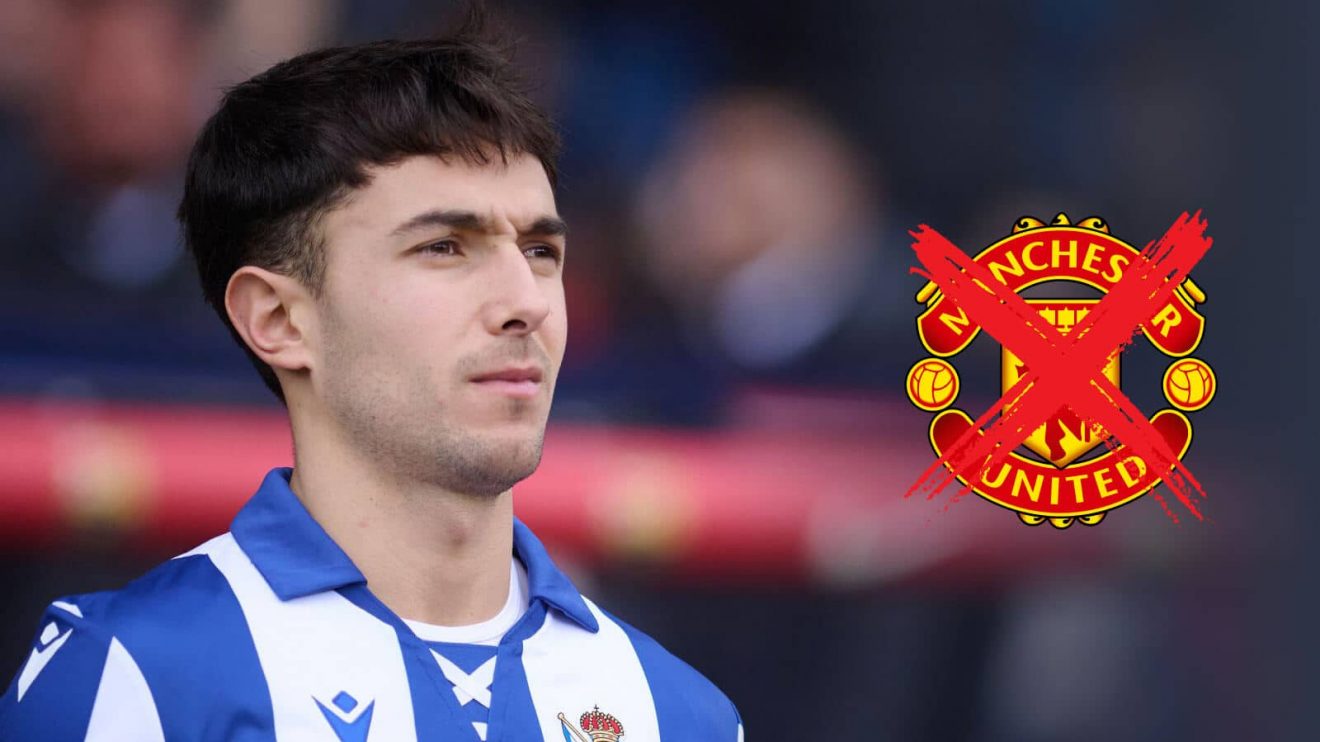 Martin Zubimendi next to the Man Utd badge - copyright TEAMtalk