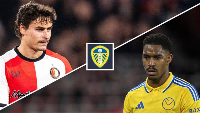 Split image of Hugo Bueno and Junior Firpo with the Leeds United badge between them - copyright TEAMtalk