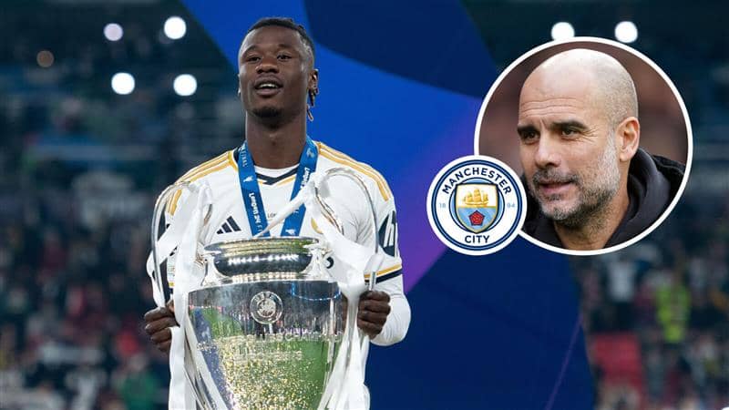 Real Madrid midfielder Eduardo Camavinga and Manchester City manager Pep Guardiola with the Manchester City badge between them - copyright TEAMtalk