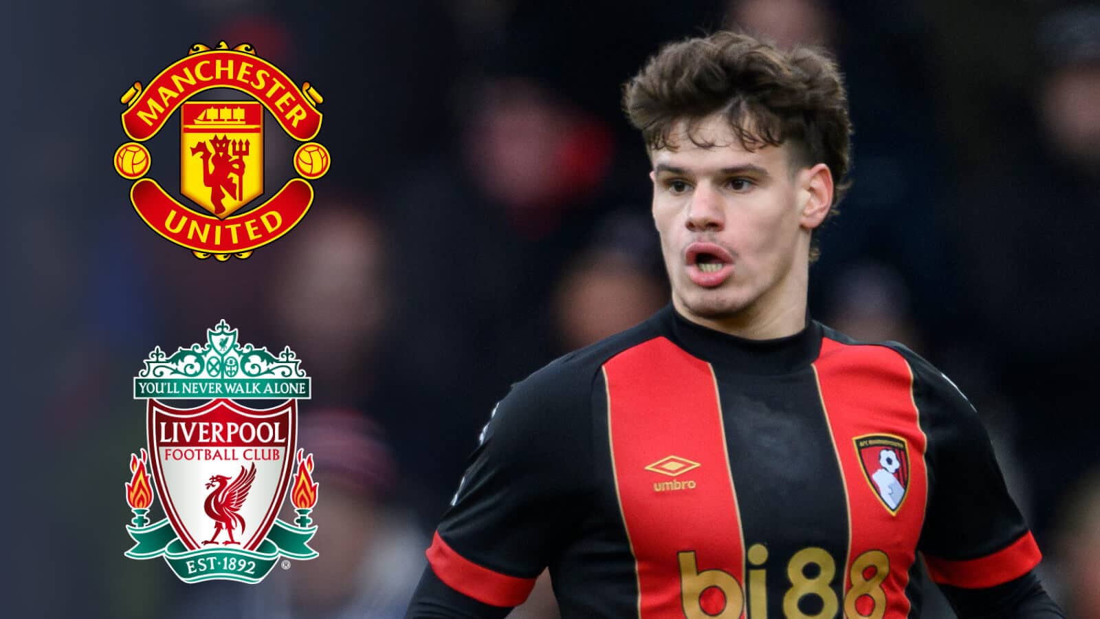 Bournemouth defender Milos Kerkez next to the Manchester United and Liverpool badges - copyright TEAMtalk