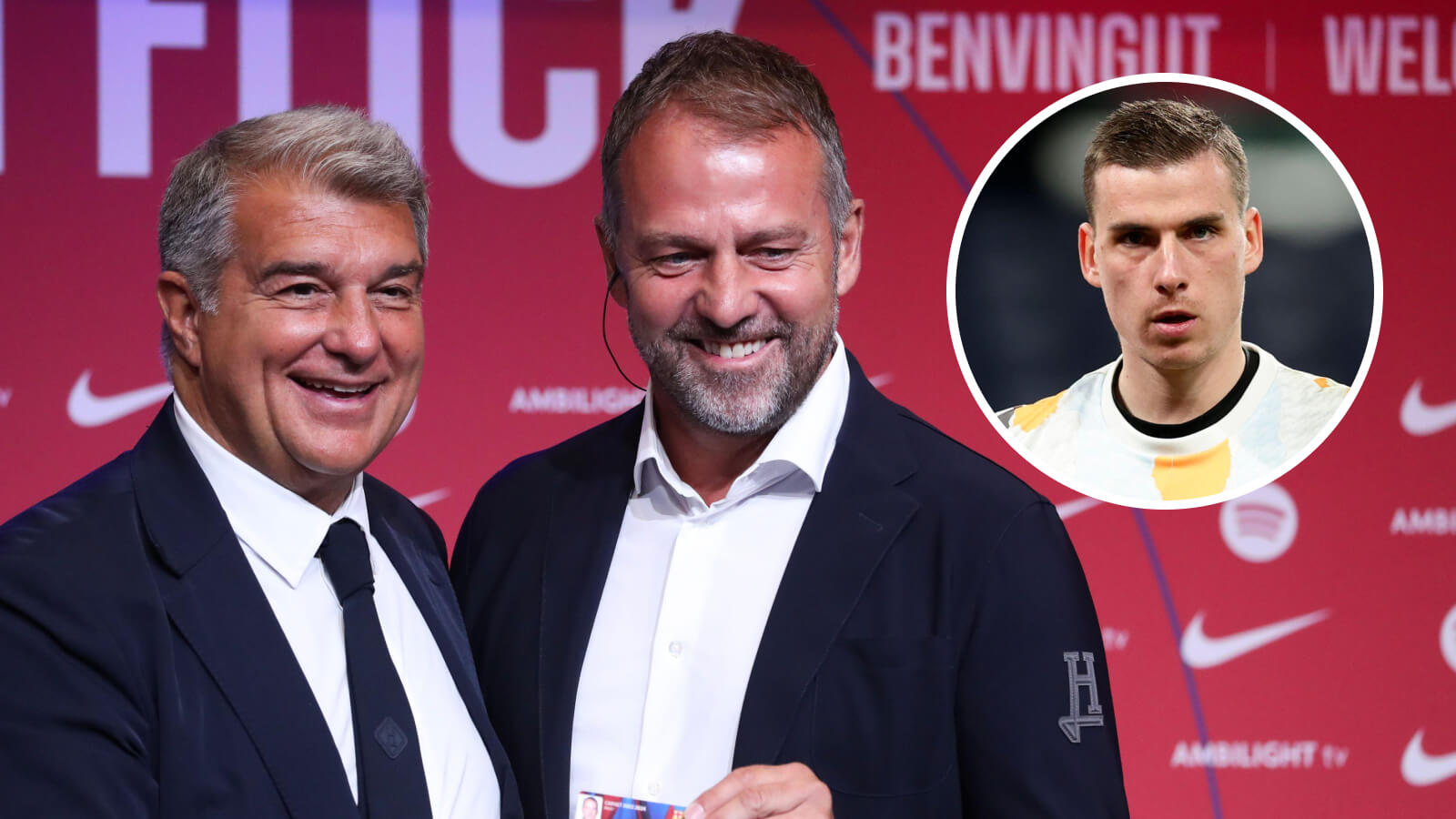 Joan Laporta, Hansi Flick and Andriy Lunin