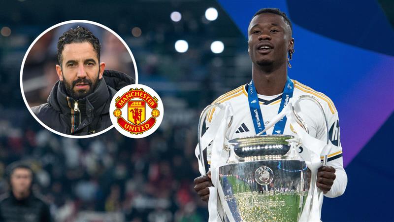Real Madrid midfielder Eduardo Camavinga and Manchester United manager Ruben Amorim with the Manchester United badge between them - copyright TEAMtalk