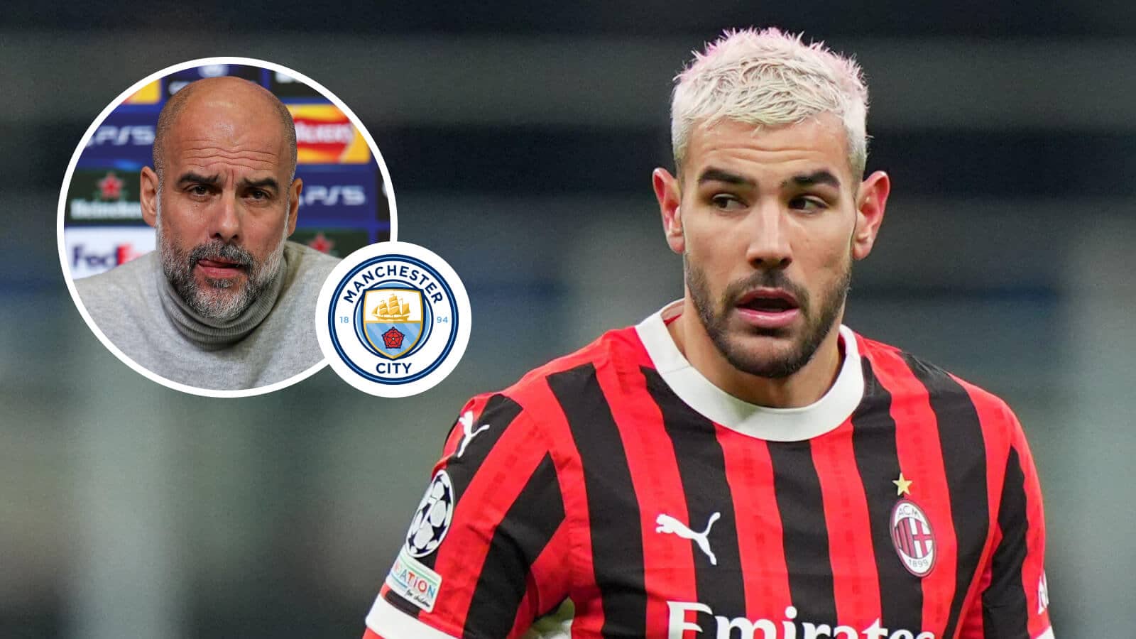 AC Milan left-back Theo Hernandez and Manchester City manager Pep Guardiola with the Manchester City badge between them - copyright TEAMtalk