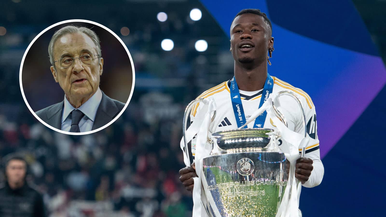 Real Madrid midfielder Eduardo Camavinga next to a smaller image of Los Blancos president Florentino Perez - copyright TEAMtalk
