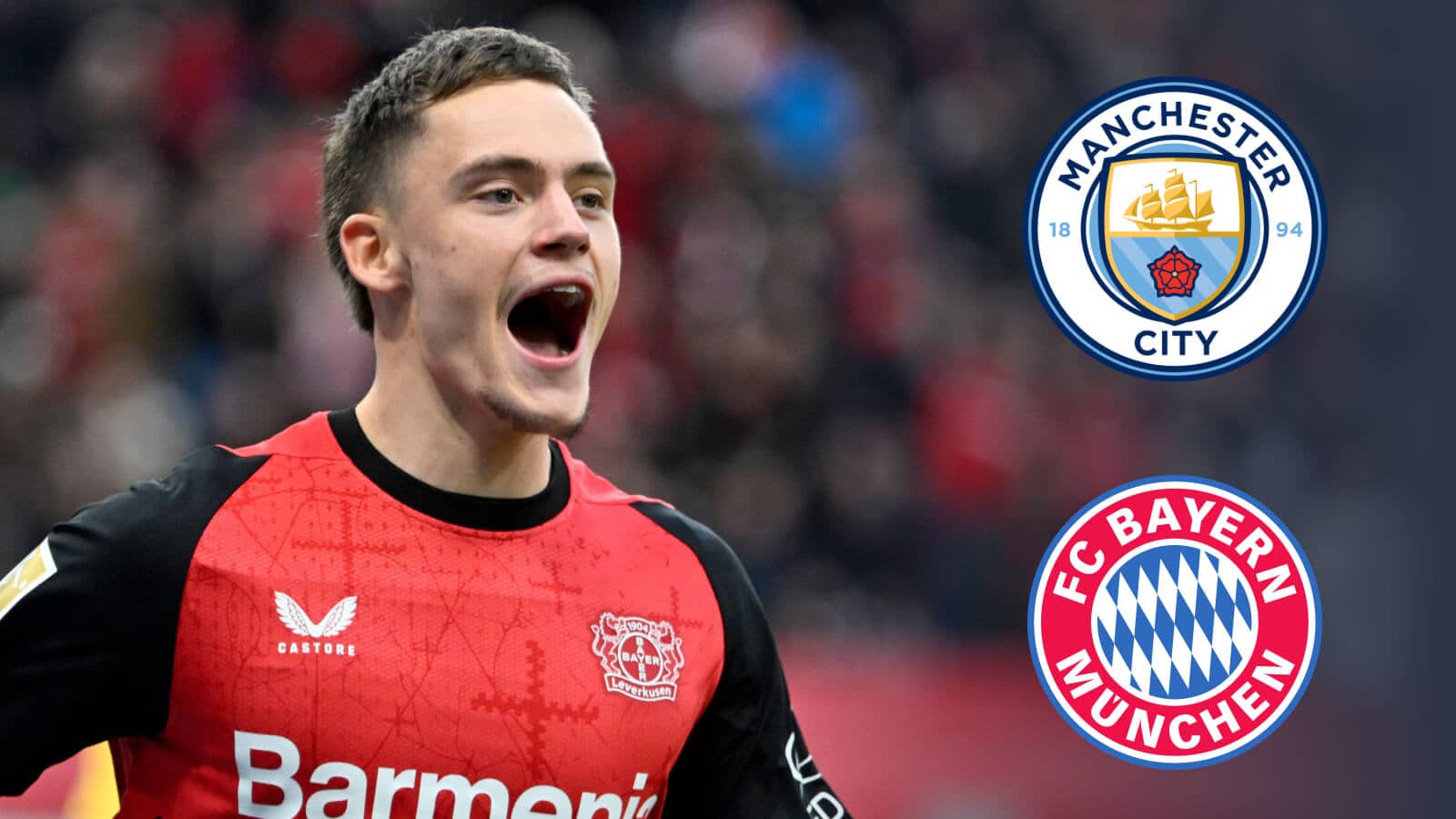 Bayer Leverkusen star Florian Wirtz next to the Manchester City and Bayern Munich badges - copyright TEAMtalk