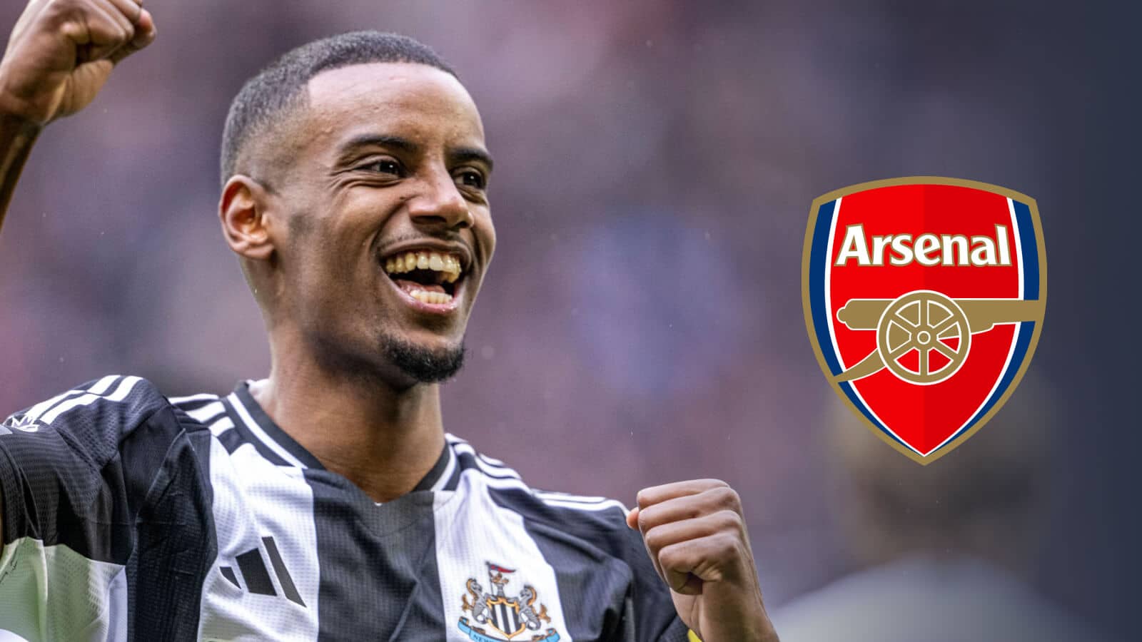 Newcastle United striker Alexander Isak next to the Arsenal badge - copyright TEAMtalk