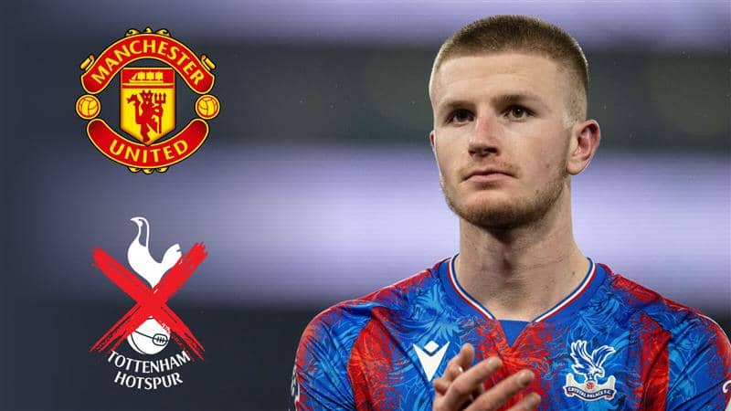 Crystal Palace midfielder Adam Wharton next to the Man Utd and Tottenham badges with the Tottenham badge crossed out in red - copyright TEAMtalk