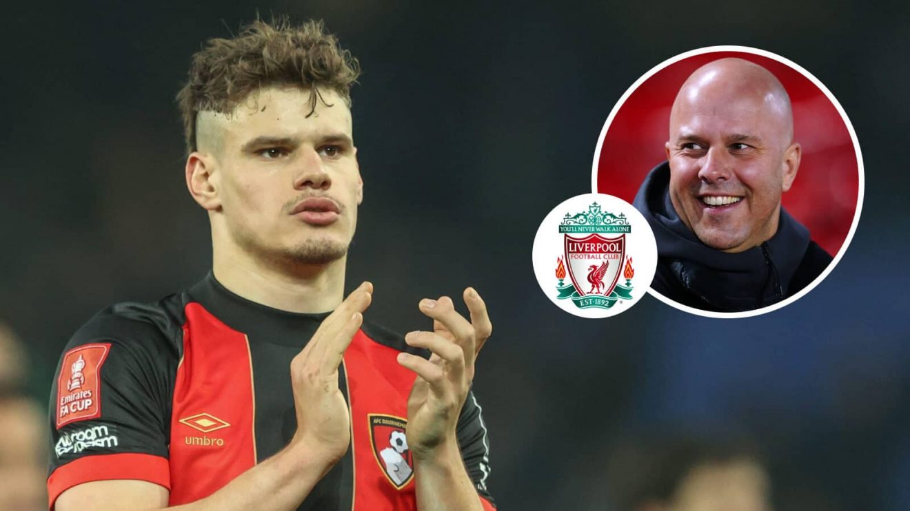 Bournemouth left-back Milos Kerkez next to the Liverpool badge and a small image of Arne Slot in a circle - copyright TEAMtalk