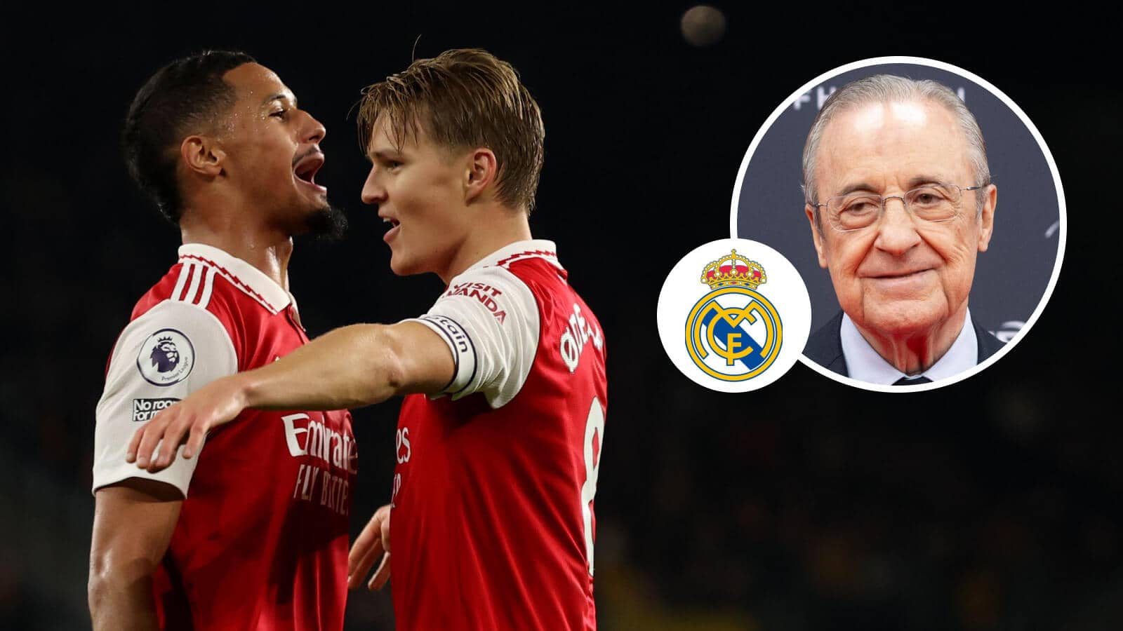 Arsenal duo Martin Odegaard and William Saliba and Real Madrid president Florentino Perez with the Real Madrid badge between them - copyright TEAMtalk