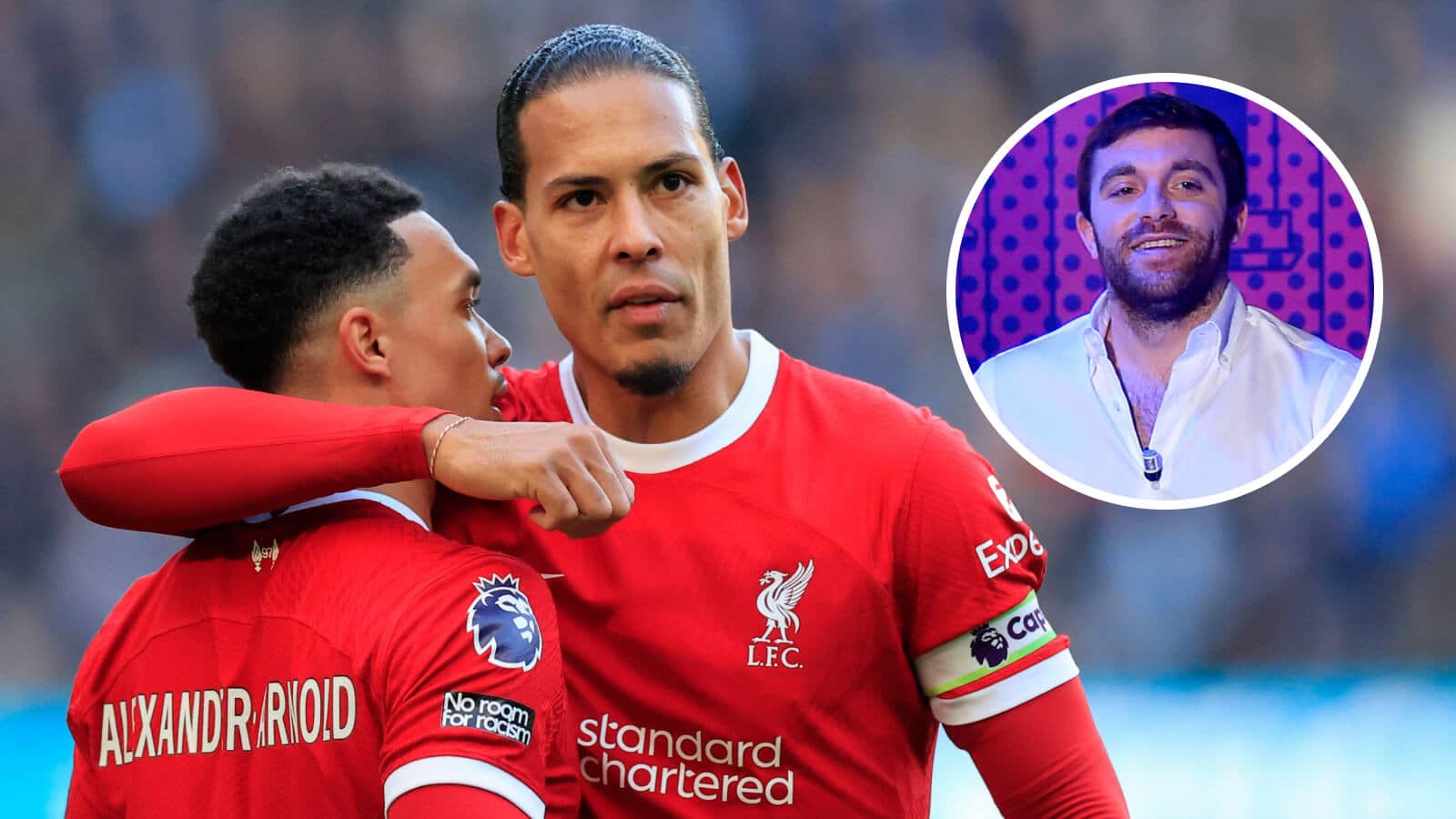 Liverpool stars Virgil van Dijk and Trent Alexander-Arnold, with, inset, Fabrizio Romano