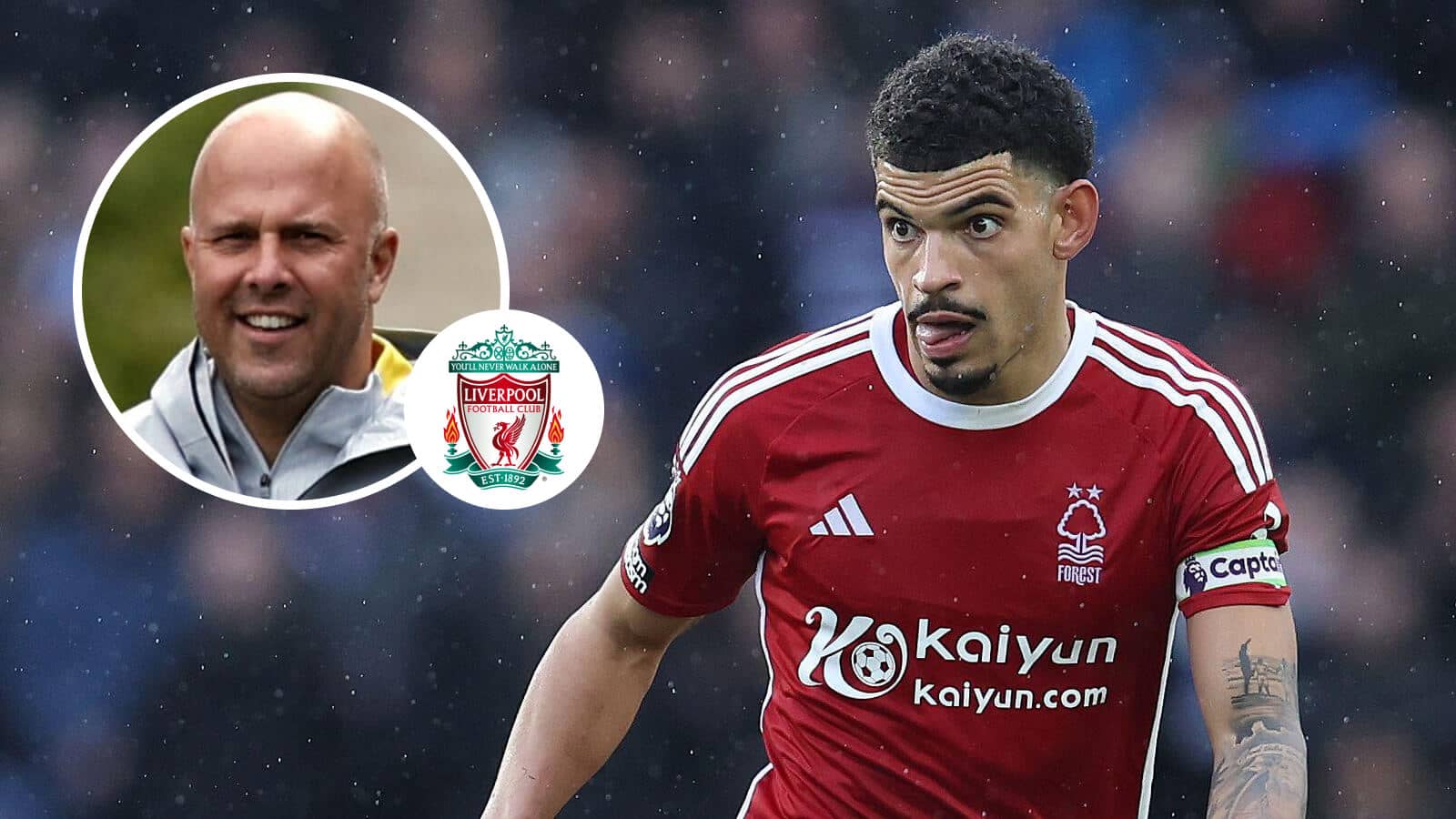 Nottingham Forest midfielder Morgan Gibbs-White next to the Liverpool badge and Liverpool manager Arne Slot - copyright TEAMtalk