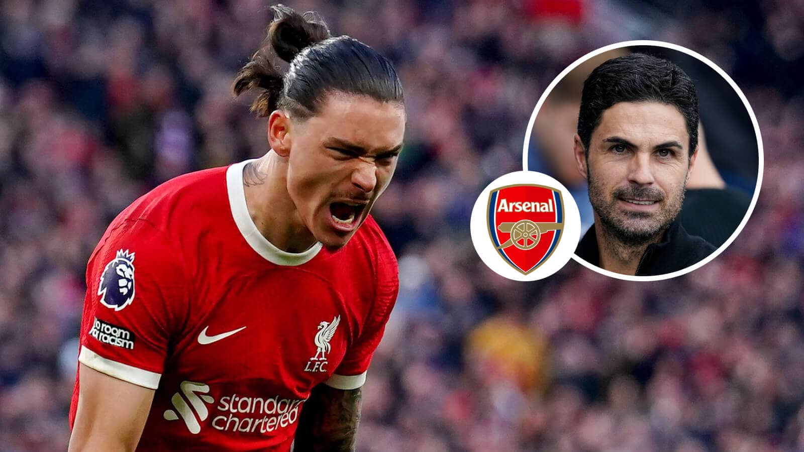 Liverpool striker Darwin Nunez next to the Arsenal badge and Arsenal manager Mikel Arteta in a small circle - copyright TEAMtalk