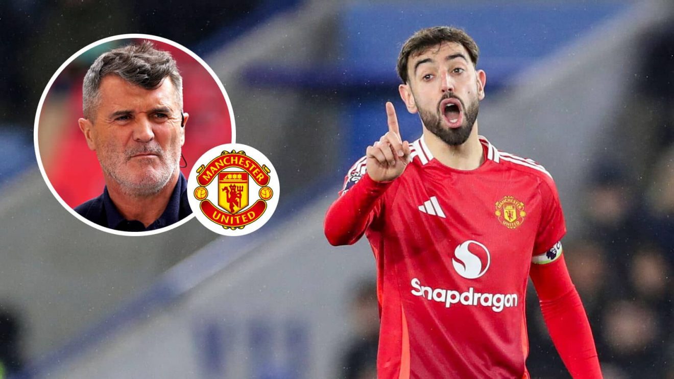 Man Utd captain Bruno Fernandes and, inset, former captain Roy Keane next to the Man Utd badge