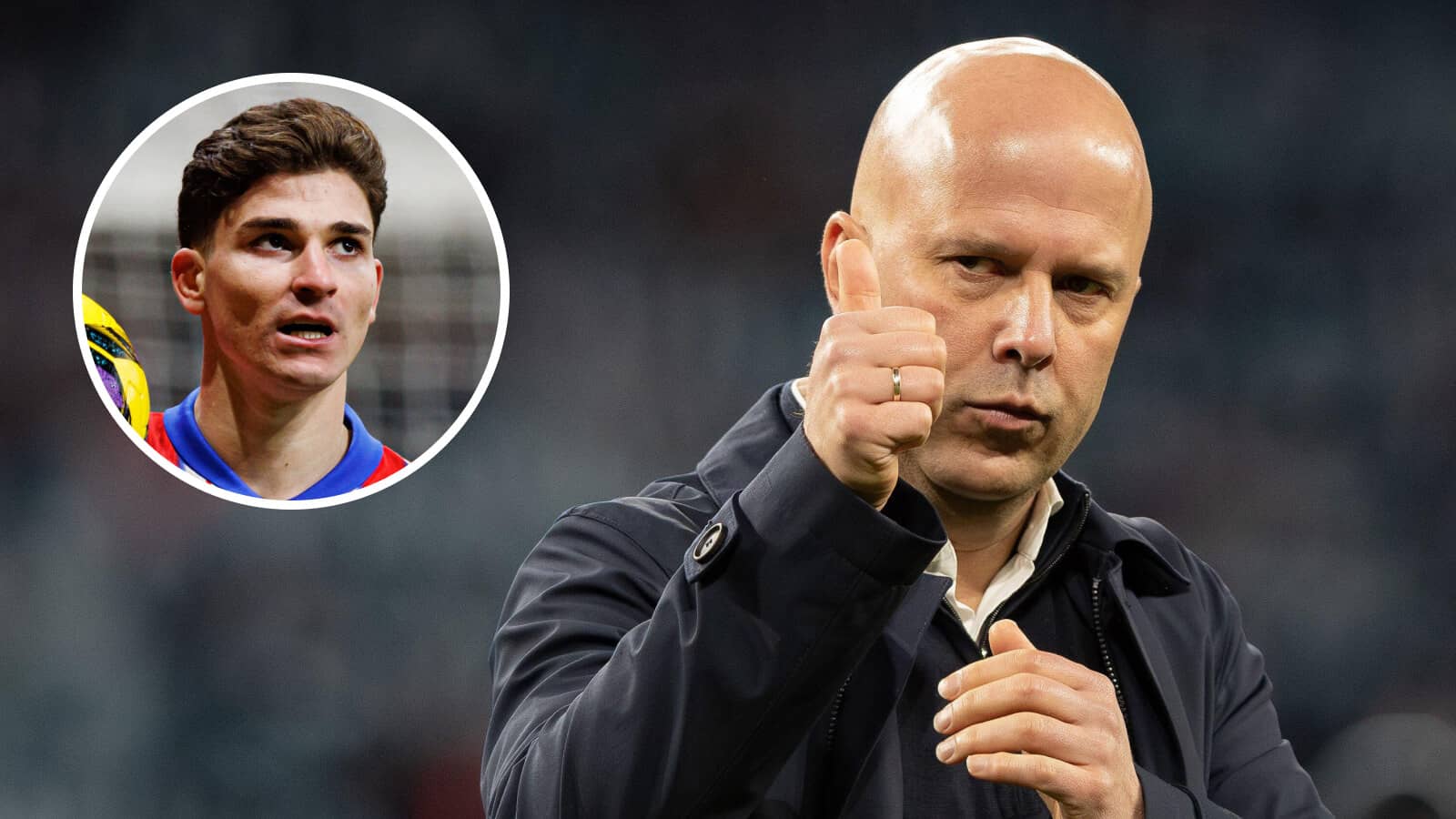 Liverpool manager Arne Slot and, inset, Atletico Madrid striker Julian Alvarez