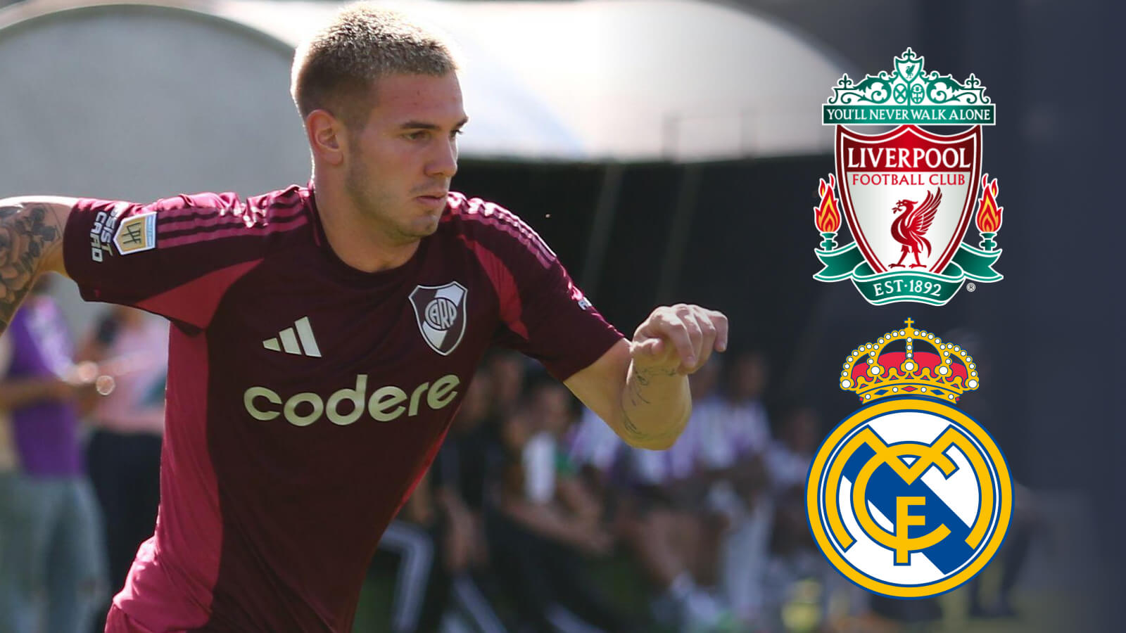Franco Mastantuono with the Liverpool and Real Madrid badges