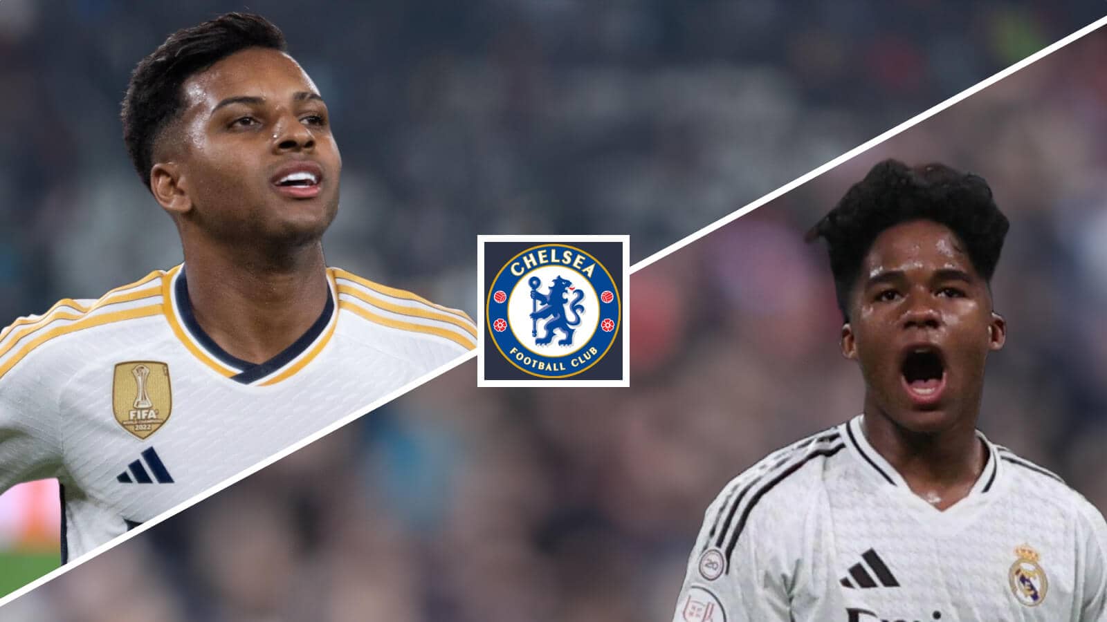 Split image of Real Madrid duo Rodrygo and Endrick with the Chelsea badge between them - copyright TEAMtalk
