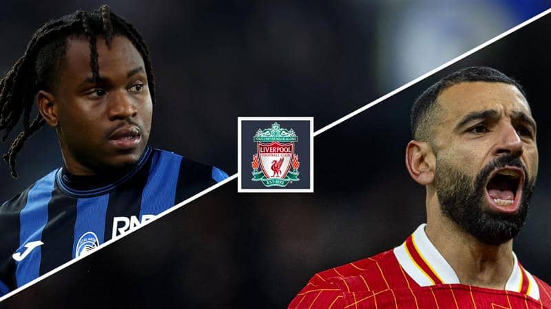 Split image of Ademola Lookman and Mohamed Salah with the Liverpool badge next to them - copyright TEAMtalk
