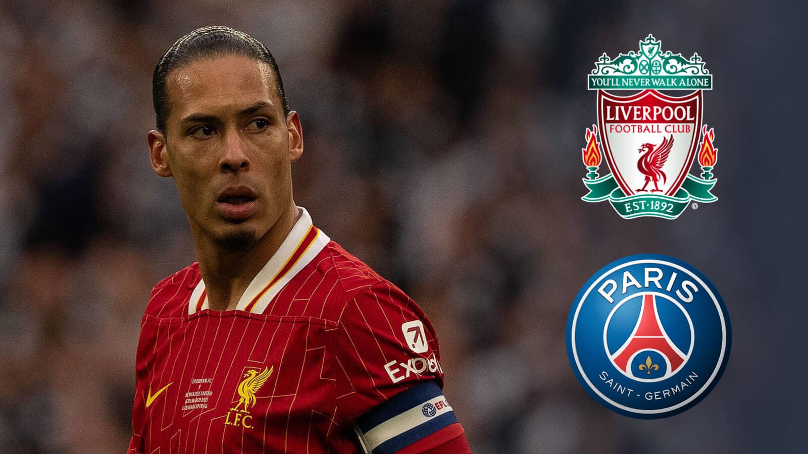 Liverpool captain Virgil van Dijk next to the Liverpool and PSG badges