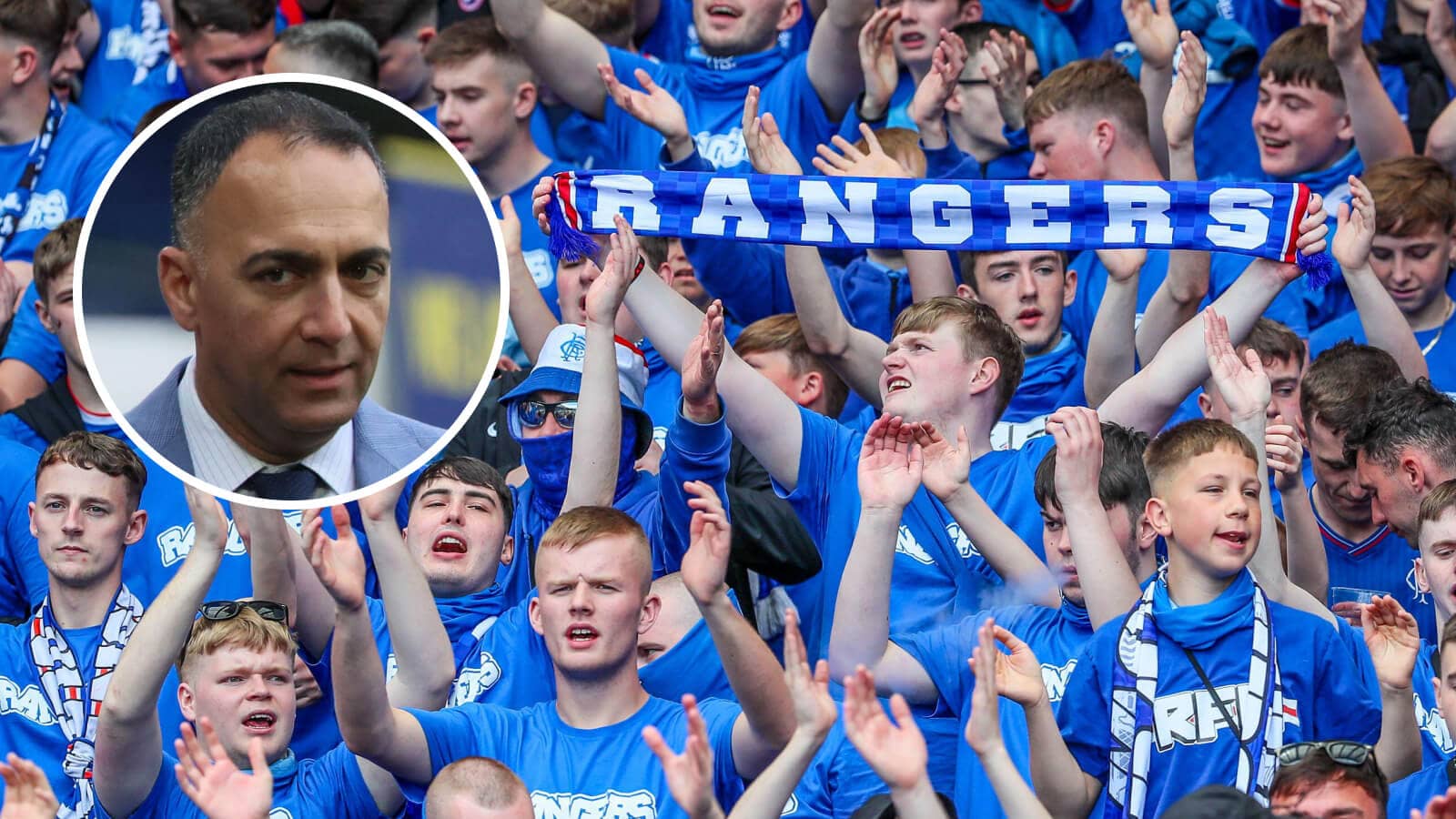 Rangers fans with an small image of Paraag Marathe in a circle superimposed on them - copyright TEAMtalk