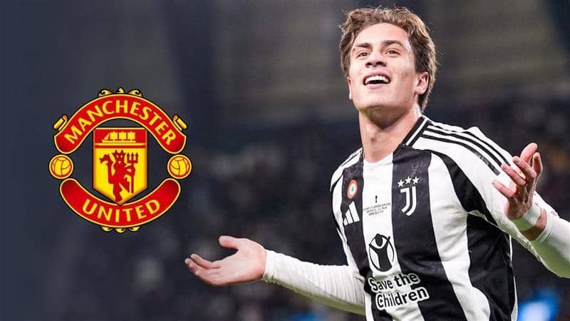Juventus winger Kenan Yildiz next to the Manchester United badge - copyright TEAMtalk