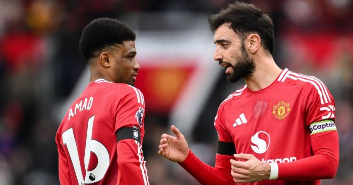 Amad Diallo and Bruno Fernandes of Manchester United in action during a Premier League game at Old Trafford